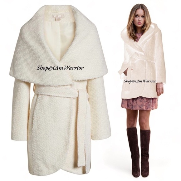 Rachel Parcell NWT cream wide shawl collar short bouclé wrap coat - Picture 1 of 11